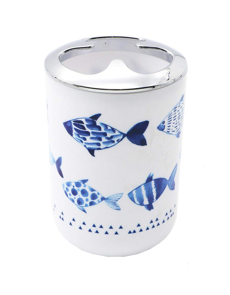 BM 4026 Set di Accessori da Bagno Bianco Blu Decorato Motivo Pesciolini, Accessori Bagno Completo 6 Pezzi, Dispenser, Portaspazzolino, Bicchiere, Portasaponetta, Portascopino, Pattumiera