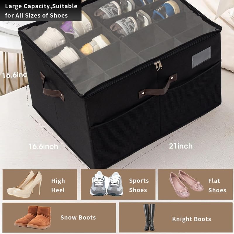 Grande scatola organizer per scarpe, 53 x 42 x 33 cm, multi-scomparto con coperchio trasparente (nero)