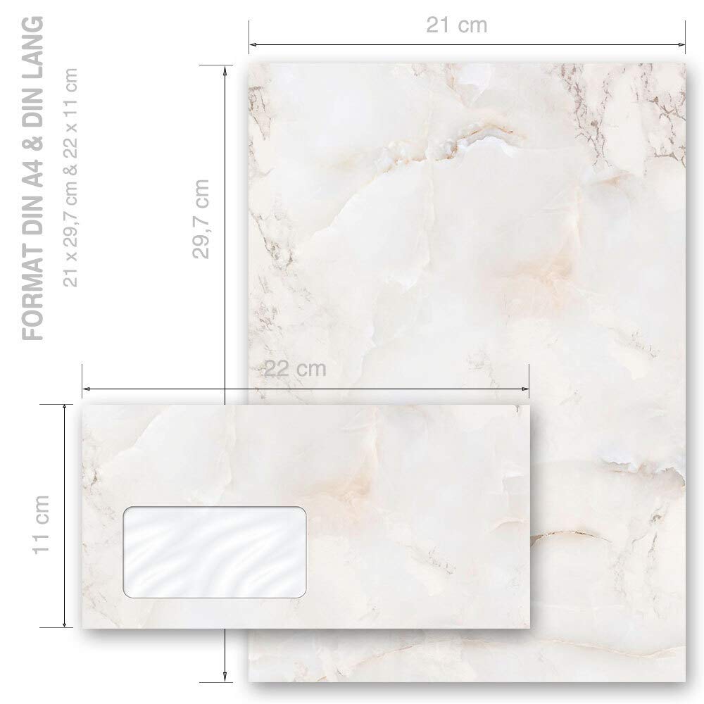 Briefpapier Sets Marmor & Struktur, MARMOR NATUR 100 Blatt Briefpapier + 100 passende Briefumschläge DIN LANG mit Fenster | Paper-Media