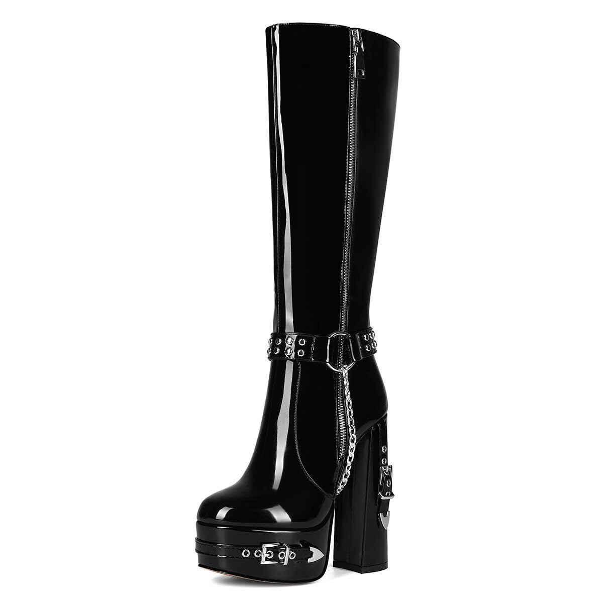 Feinlina Womens Patent Leather Knee High Boots Platform Block Heel Buckles Chain Rivets Club Fashion Shoes