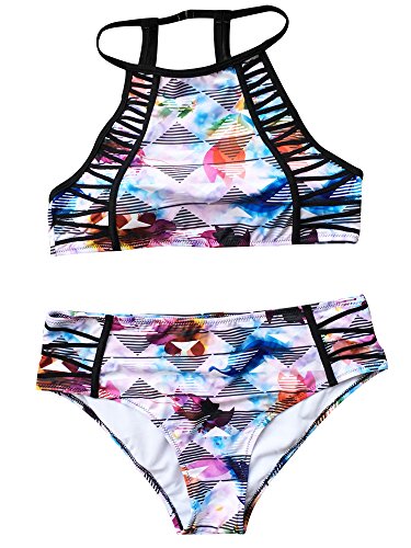 CUPSHE Women's Colorful Printing Halter Tank Padding Bikini Set, L