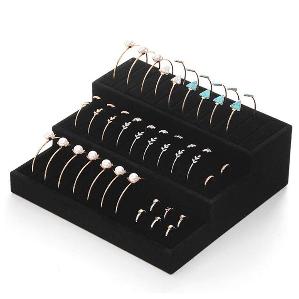 Valink Black Venus 3 Tier Velvet Ring Display Tray, Children Bangle Holder, 30 Seats Jewelry Ring Display Stand, Jewelry Storage Organizer Box, Bangles Showcase Rack Storage Case,Ring Display Rack (Black)