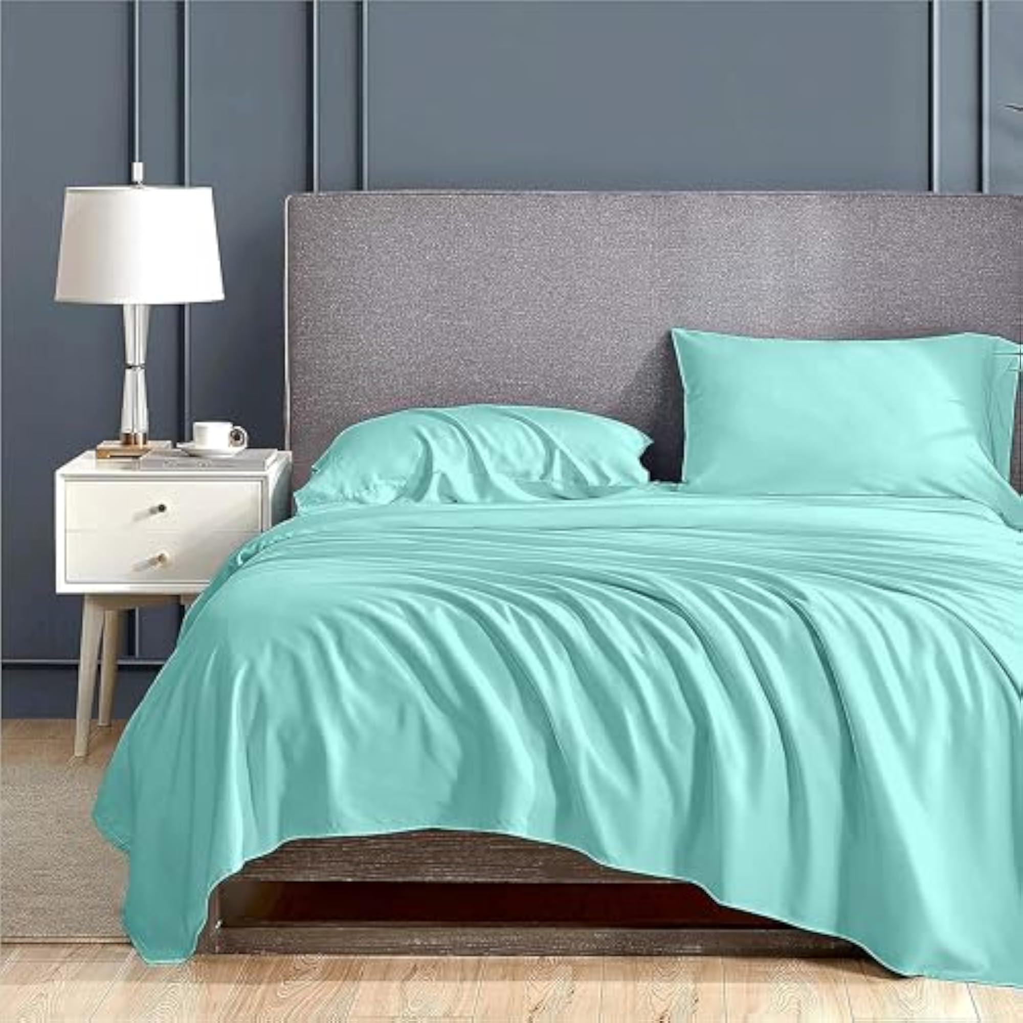 500TC Egyptian Cotton Aqua Blue Super King Size Bedsheet with 2 Pillow Covers