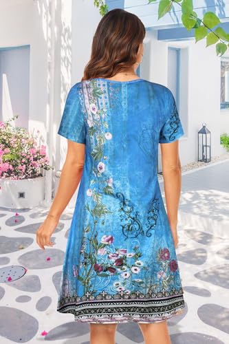 Image of Womens Summer Dresses Beach Casual Loose Tshirt Floral Short Sleeve Flowy Pockets Sundresses 2026