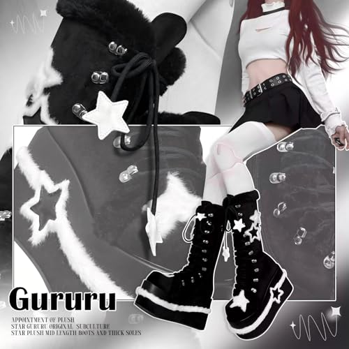 GURURU Women's Goth Boots with Bone Shape Elements - Mid Calf, Chunky High Heel, Punk Goth, Warm Fur Platform Boots4