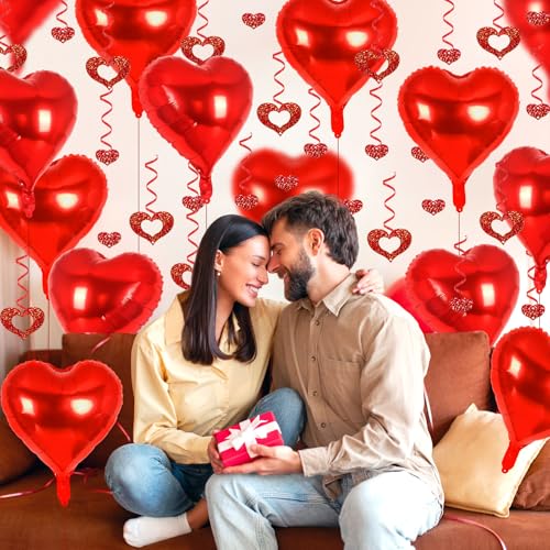 Image of 24 Pcs Red Heart Balloons, 100 Pcs Heart Hanging Streamers, 18 Inch Heart Foil Balloons Valentine's Day Balloon Love Balloon for Valentines Day Proposal Wedding Party Decorations
