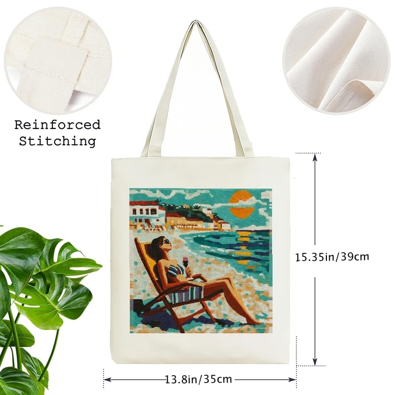 Summer Beach Fashionable Large-Capacity Commuter Canvas Tote Bag, Reusable Shoulder Tote Bag for Women and Men, Large Durable Canvas Shoulder Bag Perfect for Grocery Work Beach Shopping3