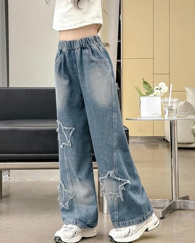 Viatabuna Girls Wide Leg Star Jeans Elastic Waist Pull On Jeans Baggy Denim Pants Youth Kids Clothes 5-14 Years3