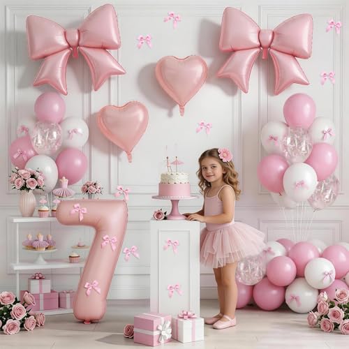 Image of 7th Birthday Decorations for Girl,Pink 7 Balloons for Party Decorations | 7 Year Old Birthday Decoration,Anniversary Party Decor,Pink White Balloons,Bow Print Balloons,Heart Balloons