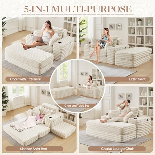 Image of 5-In-1 Oversized Chaise Lounge Chair Indoor with Ottoman,54.5 inchW Faux Fur Convertible Folding Sleeper Sofa Bed with Cup Holder&Side Pocket,Comfy Boneless Couch Sofa Chair for Living Room,Bedroom(Beige)