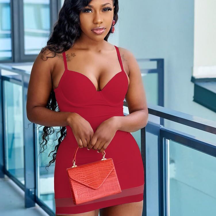 Image of Sexy Bodycon Mini Dress for Women Sweetheart Neck Spaghetti Strap Mesh Hem Party Club Night Out Short Dresses