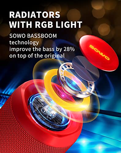 Image of SOWO Portable Bluetooth Speaker, Waterproof IPX7, 25W Loud Wirelss Speaker | Big Audio and Punchy Bass, LED Light with TWS Pairing, 16H Playtime, Outdoor for Party, Beach, Travel, Girls Gifts - Red