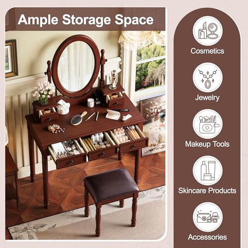 Image of JIVOIT Vintage Vanity Makeup Table and Cushioned Stool Set, Vanity Desk with Adjustable Angle Mirror, Velvet Fabric Lining 5 Drawers, Wooden Dressing Table Set for Bedroom (Walnut / /81)
