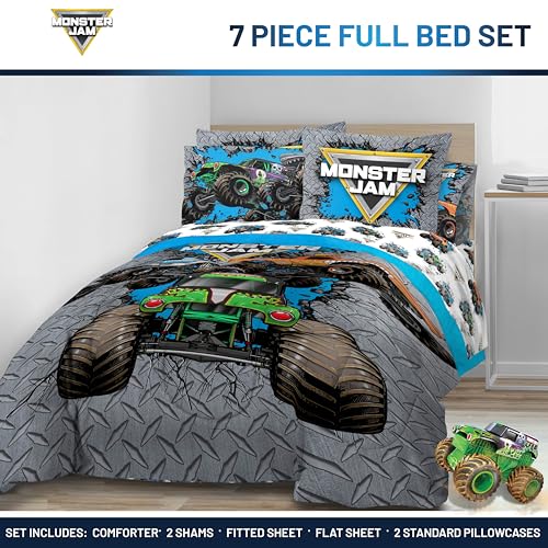 Image of Monster Jam Full Size Comforter Set 7 Piece Kids Bedding for Boys, Gray