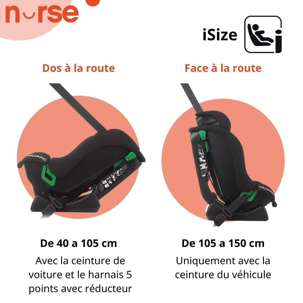 Nurse Traffic Siège Auto i-Size 40-150 cm, 0-12 Ans, Sans Isofix, Dos Route, Inclinable, avec Réducteur, Installation Ceinture, Gris