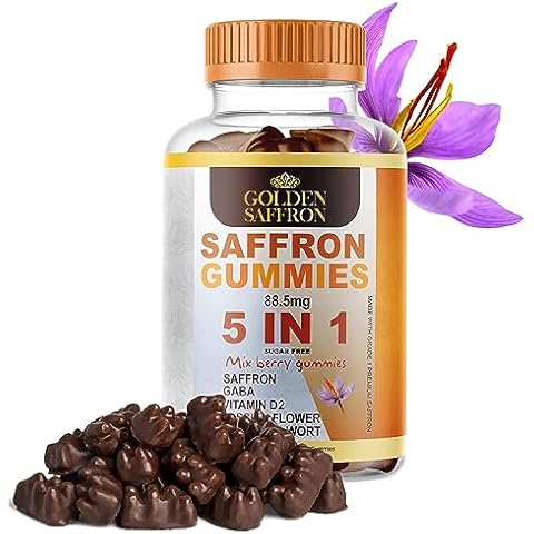GOLDEN SAFFRON, Saffron Gummies Contains 88.5 mg. Pure Saffron Extract + GABA, Vitamin D2, Passion Flower and St. John’s Wort, for Holistic Wellness,Cherries Flavor Vegan Cover