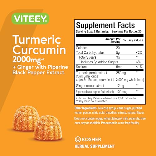 Viteey Turmeric Curcumin Gummies With Ginger & Black Pepper Herbal Supplement, 2000Mg, Immune Support, Healthy Skin, And Joint Health, Vegan, Pectin Based, For Adults And Teens - Chewable Peach Flavor thumb #3