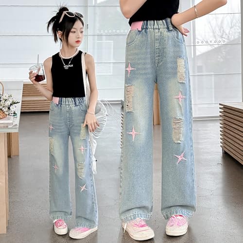 Ripped Jeans for Girls Baggy Star Wide Leg Denim Pants Kids Elastic Waist Trousers Casual Trendy Streetwear with Pockets2