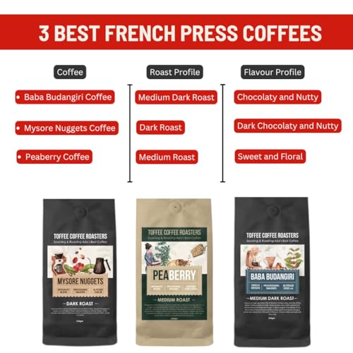 Image of Toffee Coffee Roasters French Press Gift Set | Rose Gold French Press (350ml) + 3 Premium Coffees (Mysore Nuggets, Peaberry, Baba Budangiri - 60g Each) | Coffee Lovers Hamper