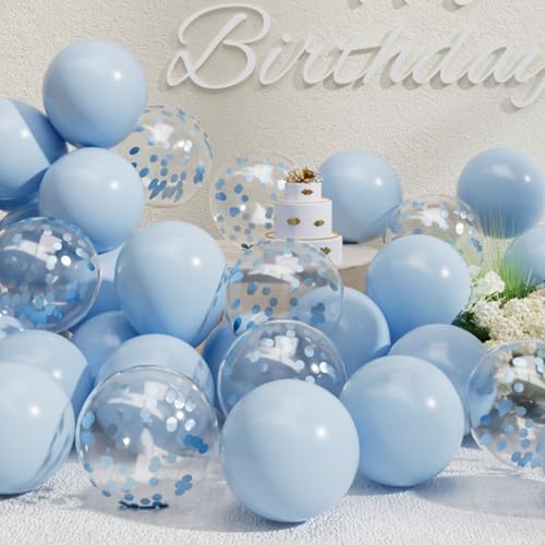Image of SUWEN 47PCS Light Pastel Blue and Confetti Latex Balloons Set | Blue Helium Balloon for Birthday Anniversary Gender Reveal Party Decorations