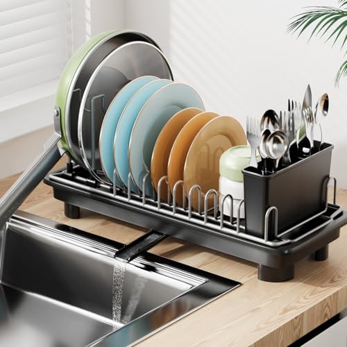 Comparison: Best Dish Drying Rack For Small Spaces 8 Laveshop Small Dish Drying Rack, Compact Dish Drainer for Kitchen Counter, with Adjustable Back Slots, Space-Saving for Small Kitchens, Black