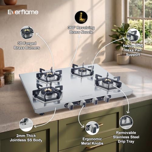 Image of Everflame Hexon 4 Burner Stainless Steel Gas Stove | 2mm Thick Jointless SS Body | 3D Forged Brass-Burner | ISI Certified | Manual Ignition | 2 Years Manufacturer Warranty