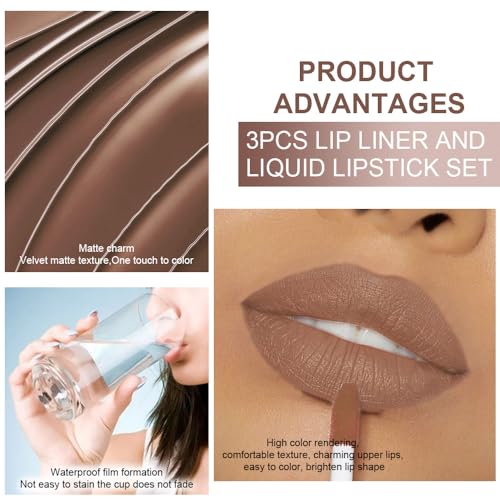Image of evpct 3Pcs Pale Neutral True Nude Matte Lip Liner & Liquid Lipstick Stain Makeup Set for Women, Lip Liner Stain Long Lasting Waterproof Smudge Proof, Cruelty Free Lip Makeup 24 hours originales labios