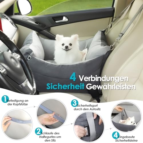 Hundesitz Auto für Kleine & Mittlere Hunde Unter 15KG, Tragbares Hundekorb mit Ausziehbarer Ruhebereich, Abnehmbarer und Waschbarer Auto Reise Hundebett mit Staufächern und Sicherheitsgurt