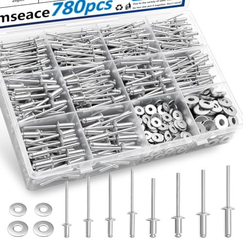 Image of smseace 780Pcs Pop Rivets with Washers Assortment Kit-10-Sizes SAE Rivets for Metal 1 /8,3 /16Inch 2-Sizes 304 Stainless Steel Washers for Metal, Furniture, Automotive, Instruments