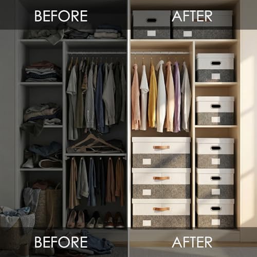Image of PRANDOM Storage Bins with Lids [3-Pack] Linen Fabric Foldable Storage Boxes Organizer Containers Baskets Cube with Cover for Bedroom Closet Office Grey&White (23.4X15.9X11.4)