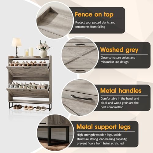 Image of Maupvit Shoe Cabinet with 2 Flip Drawers, Freestanding Shoe Cabinet Organizer with Metal Legs, Shoes Storage Cabinet for Entryway, Narrow Shoe Rack Cabinet, Washed Gray