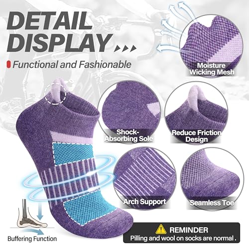 Image of 6 Pairs Merino Wool Ankle Running Hiking Socks Compression Support Breathable Thick Cushion No Show Socks for Women Men