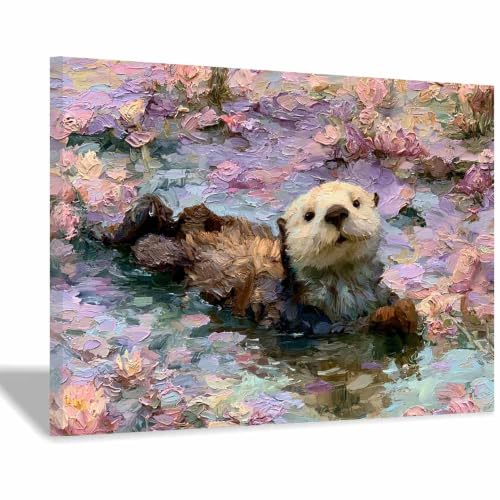 Peinture sur toile d'animaux loutres florales multicolore 60x90cm encadrée pour salon