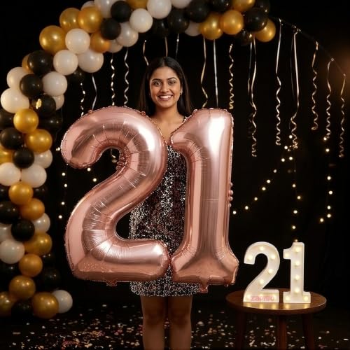 Image of Balloonistics Rose Gold 40-Inch Foil Number 21 Balloon with Matching LED Marquee Light - Combo Set for 21st Birthday, Anniversary, Party Decoration, Photo Booth Backdrop