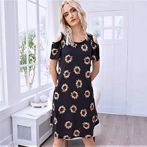 Misyula Style Womens Summer Cold Shoulder Floral Flowy T-Shirt Dress with Pockets - Image 4
