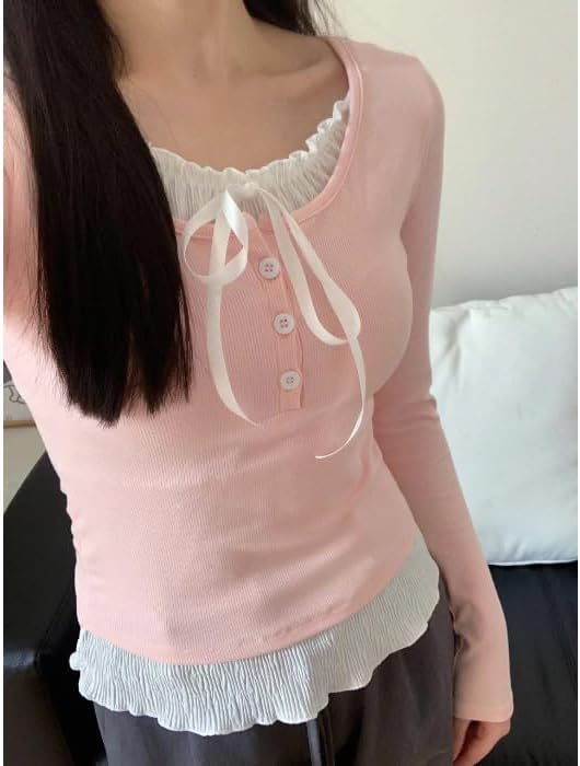 Y2K Coquette Shirts Girly Lace Patchwork Tight Crop Tops Women Fairycore Aesthetic Baby Tee Bow Tie Cutecore Clothes - Image 3