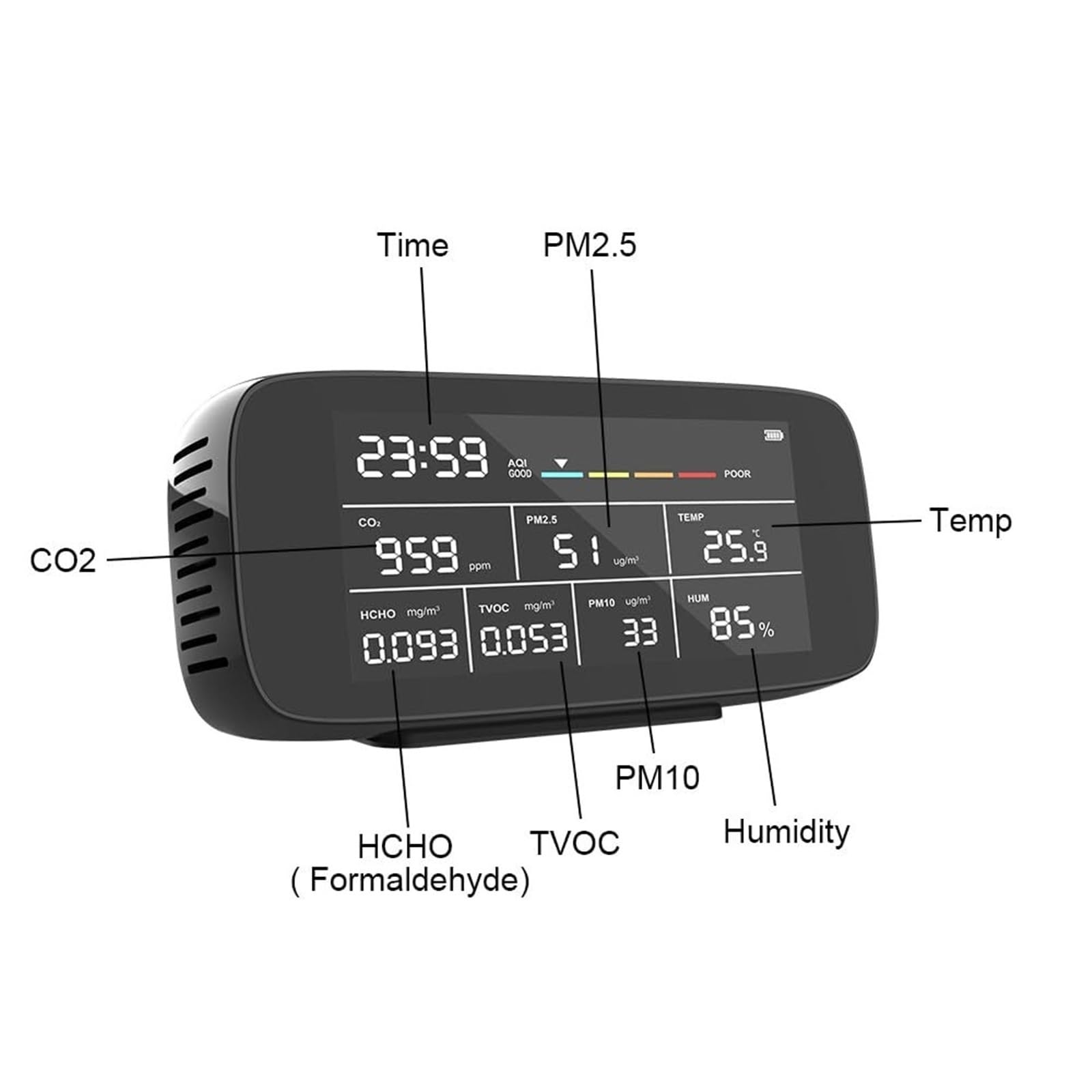 Monitor de co2, Detector De Calidad del Aire DM197 9 En 1 CO2/PM2.5/HCHO/Sensor, Pantalla LCD para el hogar(DM197)