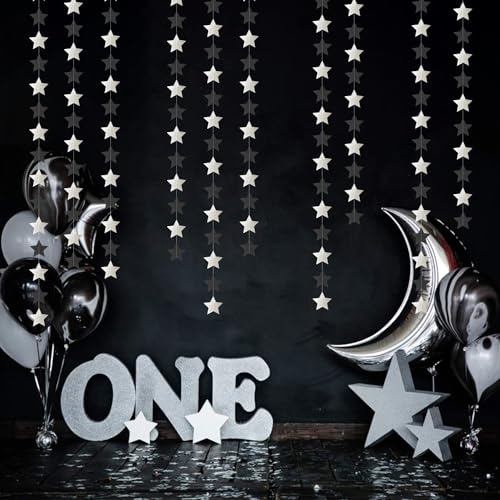 Image of Black-Silver Birthday Graduation Party-Decorations Garland - 62ft Glitter Twinkle Little Star Hanging Streamers Banner Decor,Bachelorette Wedding Baby Bridal Shower New Years Supplies Backdrop Hugtmr