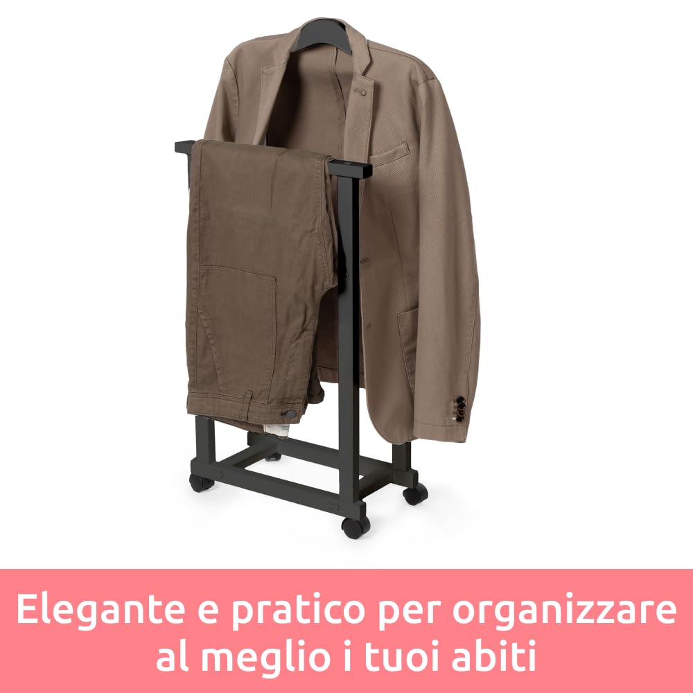 Compactor ALFRED Indossatore Doppio in Bambù, Finitura Nera, con 4 Ruote Piroettanti, Gruccia e Barra Portapantaloni, Appendiabiti da Camera, 42 × 20 × H98,5 cm