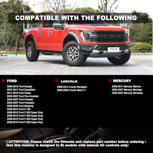 Image of YH-1715 Blower Motoror - Fit for 2008-2012 Ford F150 Expedition Fiesta Freestyle Mustang, for Lincoln & Mercury ，Replaces# Blower Resistor 3F2Z18591AA 973-444 RU-440 for Manual AC Control
