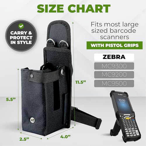 Image of Barcode Scanner Holster (Large) | Ballistic Nylon Carrying Case Pouch for Pistol-Grip Mobile Computers | Belt Clip, Belt Loop, Shoulder Strap | Fits Zebra Scanner MC9500 /9300 /9200 /9100