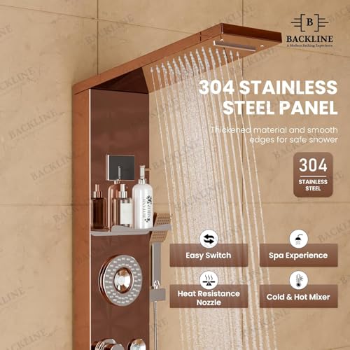 Image of Multifunction 8 in 1 Shower Panels For Bathroom SS304 Thermostatic Shower With Storage Shelf, LED Rainfall Shower,Hot & Cold Water Adjustable,Massage Spray,Hand Shower & Water Spout (Rosegold)