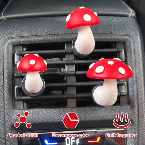 Image of 3 PCS Mushroom Car Air Freshener Vent Clip, Cute Red Mushrooms Cars Air Conditioning Vent Clips with Scent Pads, Automotive Interior Decorations Accessories for Women