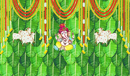 Image of Banana Leaf and Marigold Flower with Cow and Ganeshji Design Backdrop Curtain for Decoration Backdrop Cloth for Pooja Curtain Fabric-Polyester Size 5Feet Height and 8Feet Width(5 * 8)
