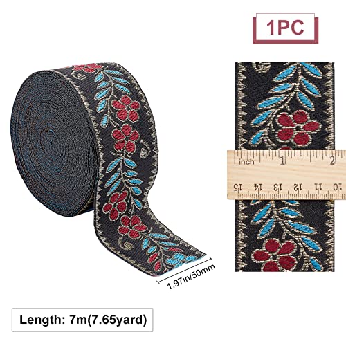 GORGECRAFT 7.65 Yard Embroidered Jacquard Ribbon 2" Width Vintage Embroidered Ribbon Floral Woven Trim Fabric for Embellishment Craft Supplies Black - Image 2