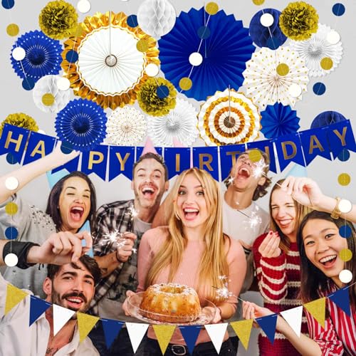 Image of 24Pcs Navy Blue Gold Happy Birthday Party Decoration Set for Baby Shower