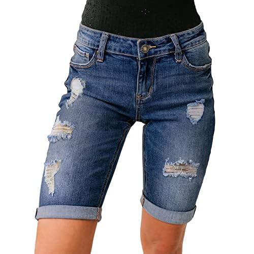 luvamia Women High Waisted Stretch Bermuda Shorts Ripped Rolled Hem Jean Shorts Medium Emotional Blue