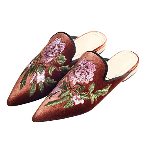 Image of Fericzot Women's Velvet Backless Pointed Toe Slip On Loafers Flats Embroidery Mule Slippers Shoes