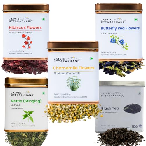 Image of Jaivik Uttarakhand - Herbal Tea Gift Pack (5 Count (Pack of 1) (56.7g), Hibiscus, Butterfly Pea, Chamomile, Nettle leaf, Black Tea Tin Can)
