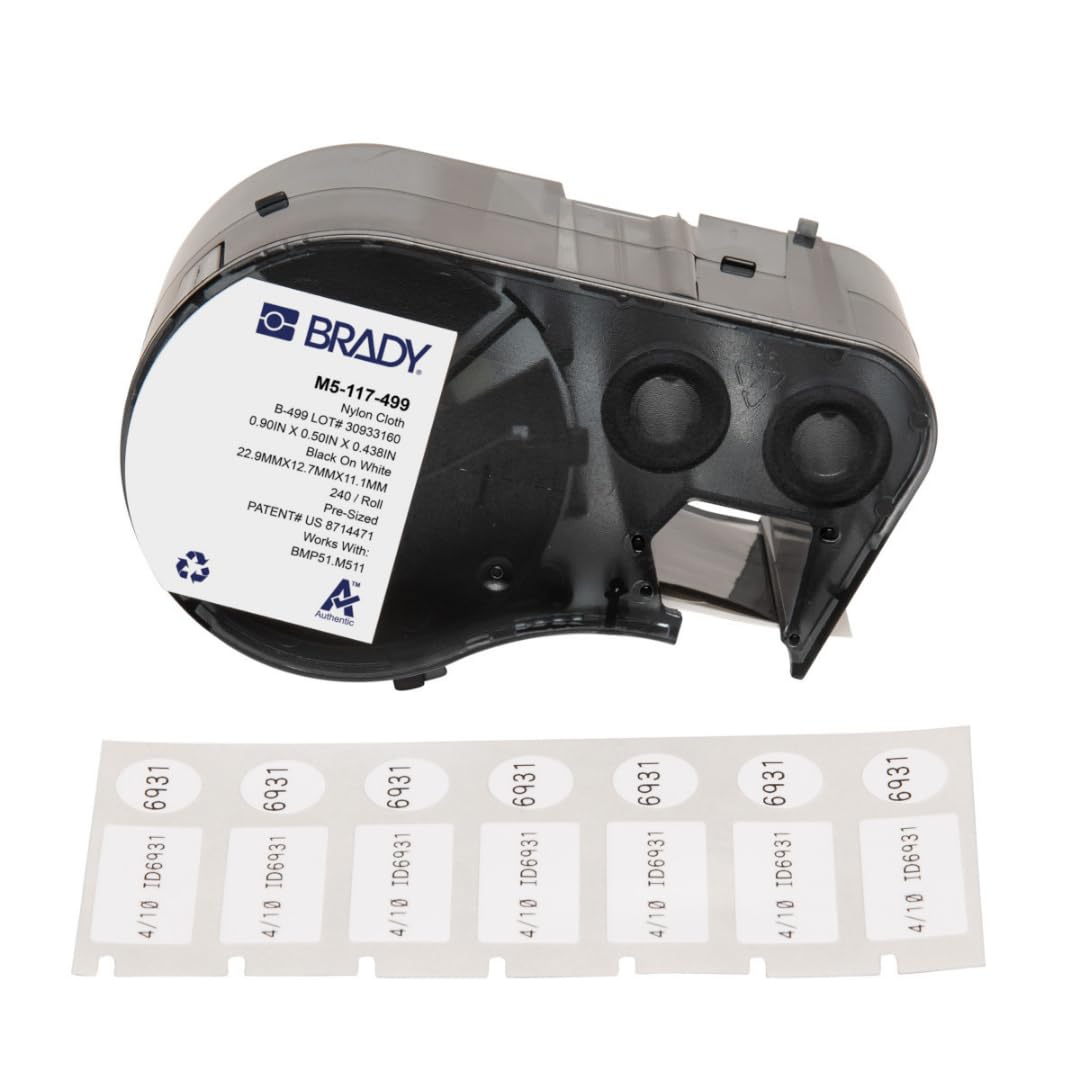 Brady Authentic (M5-117-499) Aggressive Adhesive Multi-Purpose Nylon Labels 0.5 x 0.9 x 0.44 Dia Black on White, 240 Labels. for use with The BMP51 and M511 Label Printers